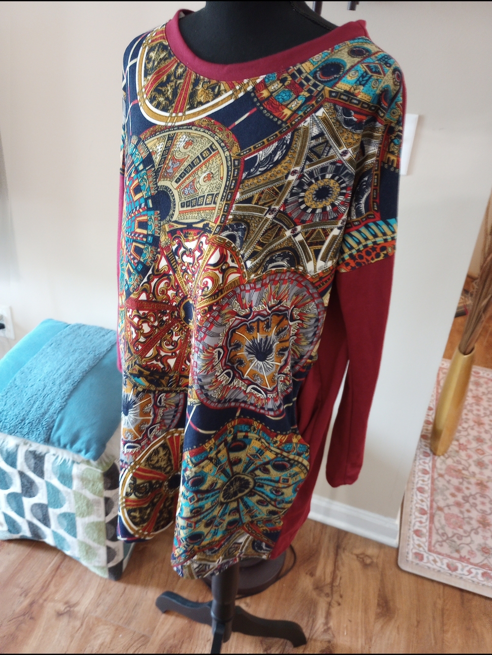 Mixed Medallion Long-Sleeve Tunic with Red Sleeves
